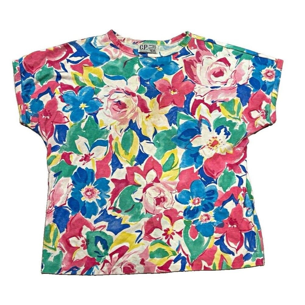80s C.P. Sport Women's Multicolor Floral Crew Neck Short Sleeve Pullover T-Shirt